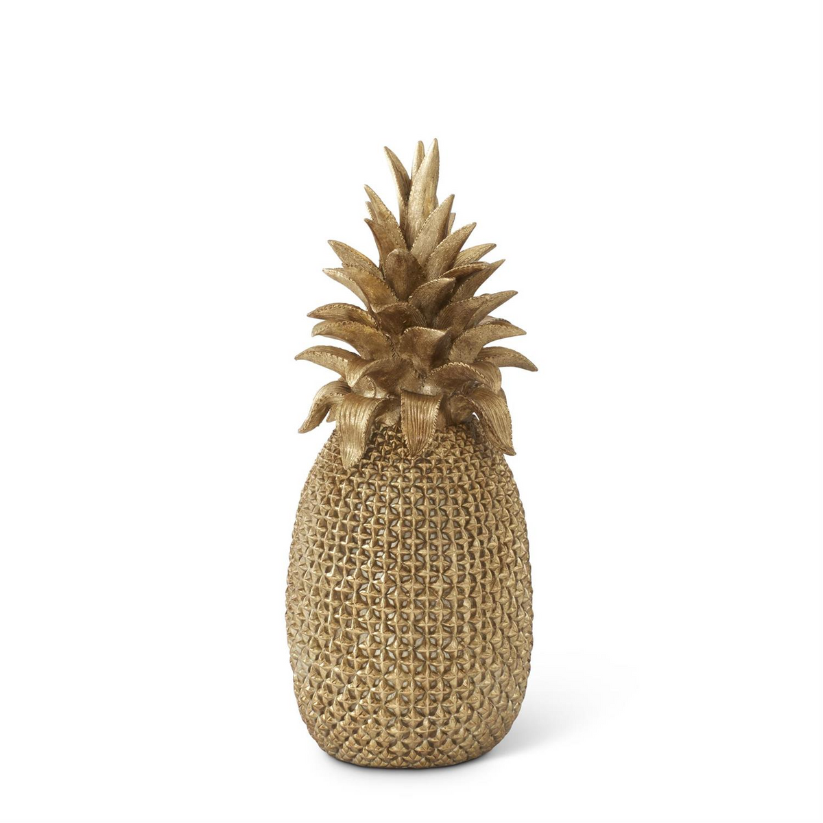 22.5 inch gold resin pineapple statue with geometric cross-hatching and metallic luster.