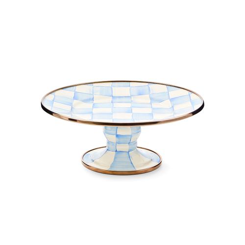 Hand-painted Sky Blue Check steel pedestal platter with bronzed stainless rim