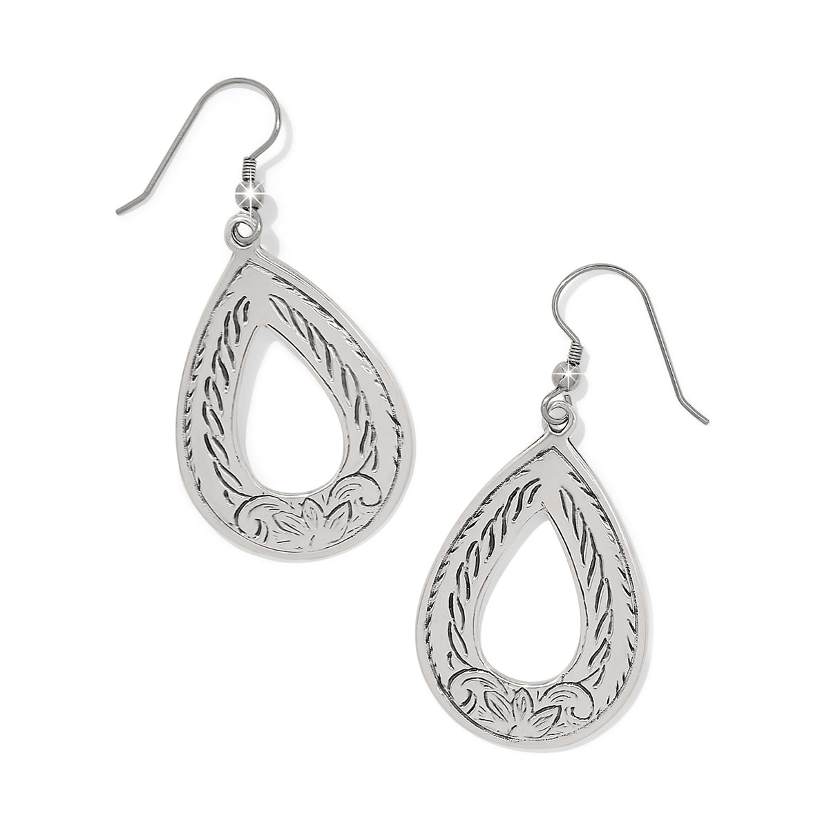 Silver plated mosaic open teardrop French wire earrings with intricate engraved floral patterns.