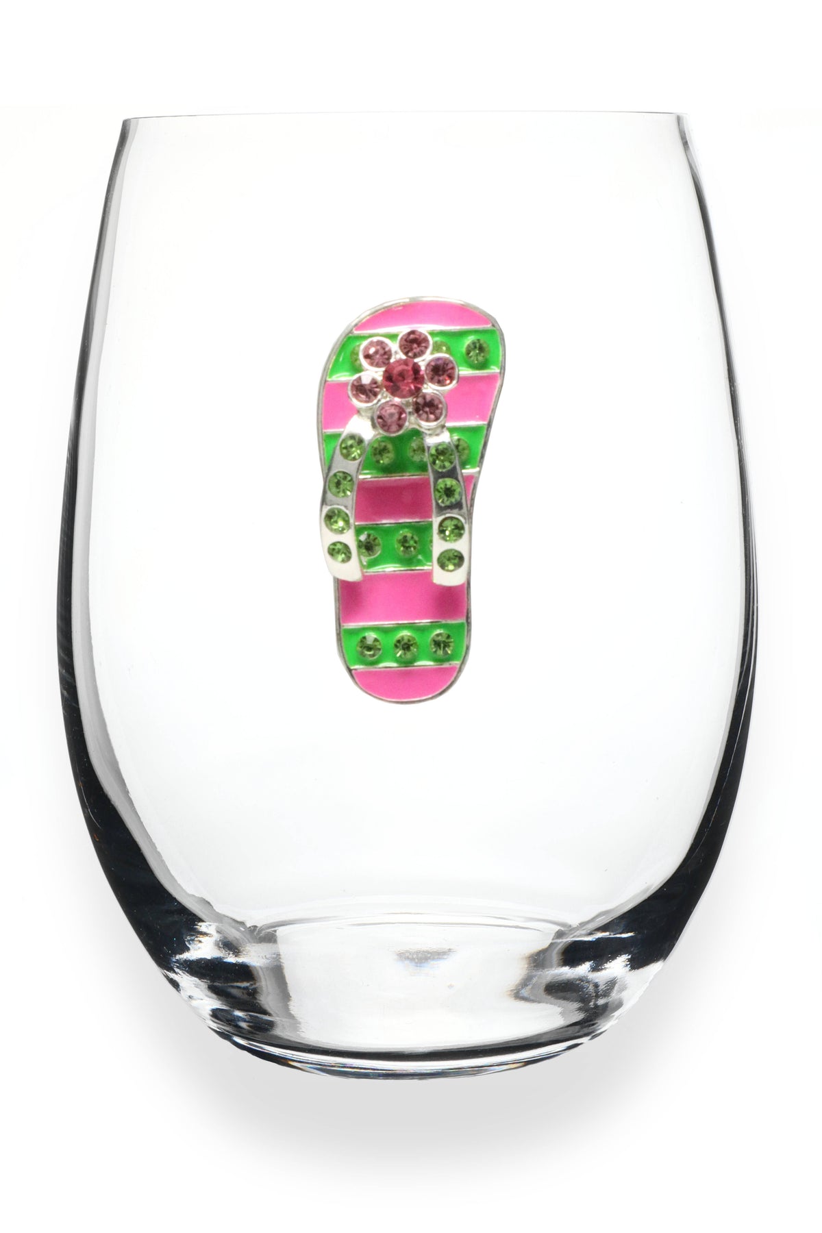 Handcrafted stemless wine glass with jeweled embellishments around the rim in clear crystal.