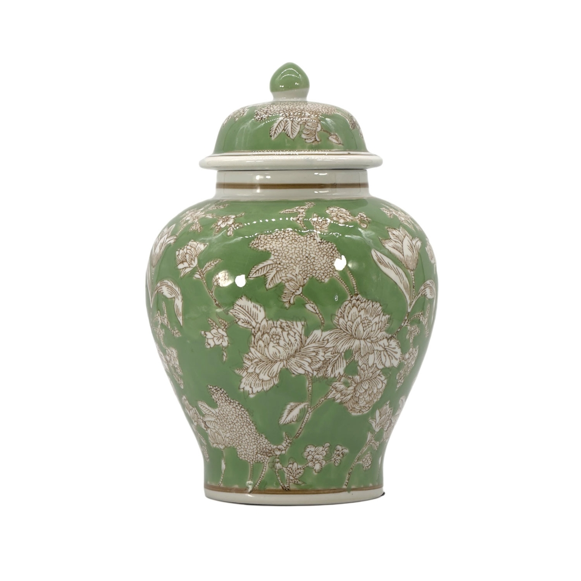 12-inch green and white ceramic chinoiserie ginger jar with floral peony patterns and lid.