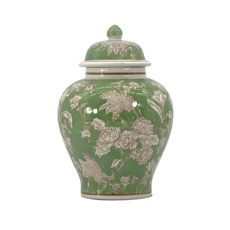 12-inch green and white ceramic chinoiserie ginger jar with floral peony patterns and lid.