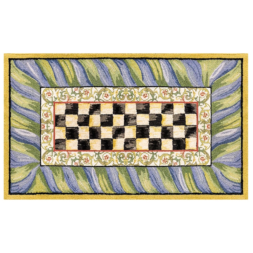 Purple and green checkered washable rug with a low pile height.