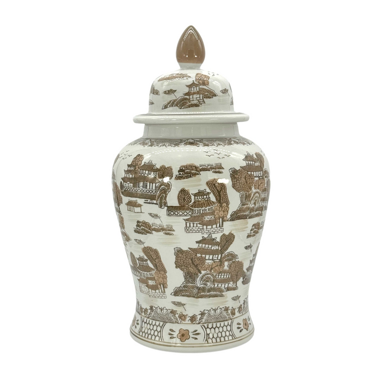 25-inch brown and white ceramic ginger jar with a chinoiserie landscape design and pointed lid.
