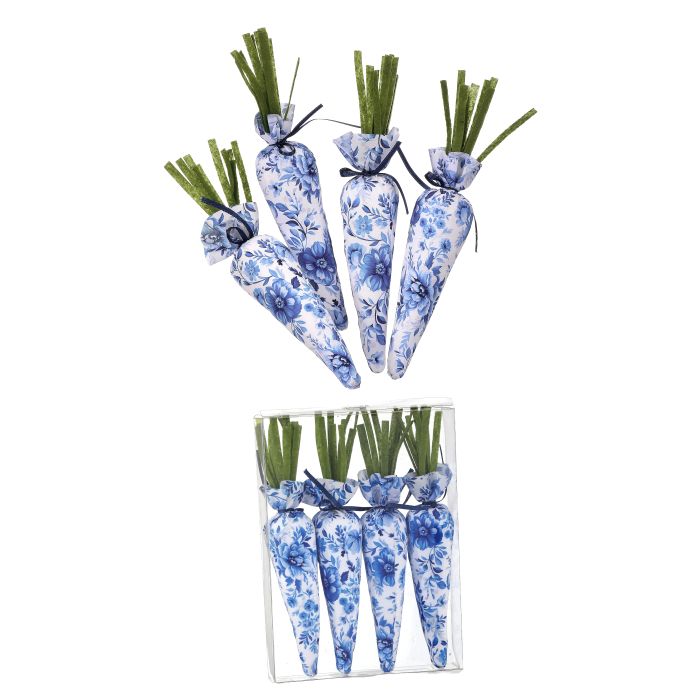 Fabric Toile Easter Carrot 7-inch tall decorative item with a carrot silhouette and floral toile pattern.