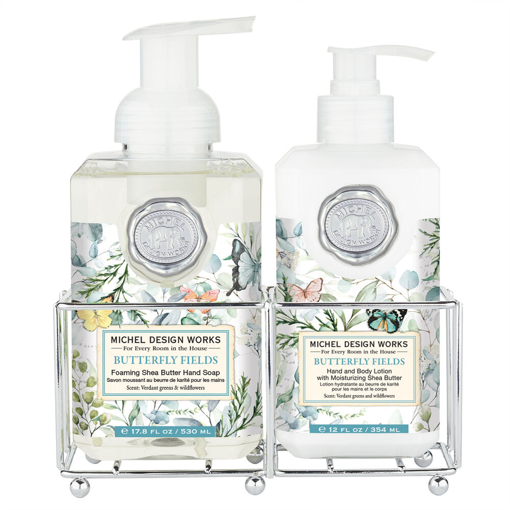 Foaming hand soap dispenser with lotion bottle inside a caddy.