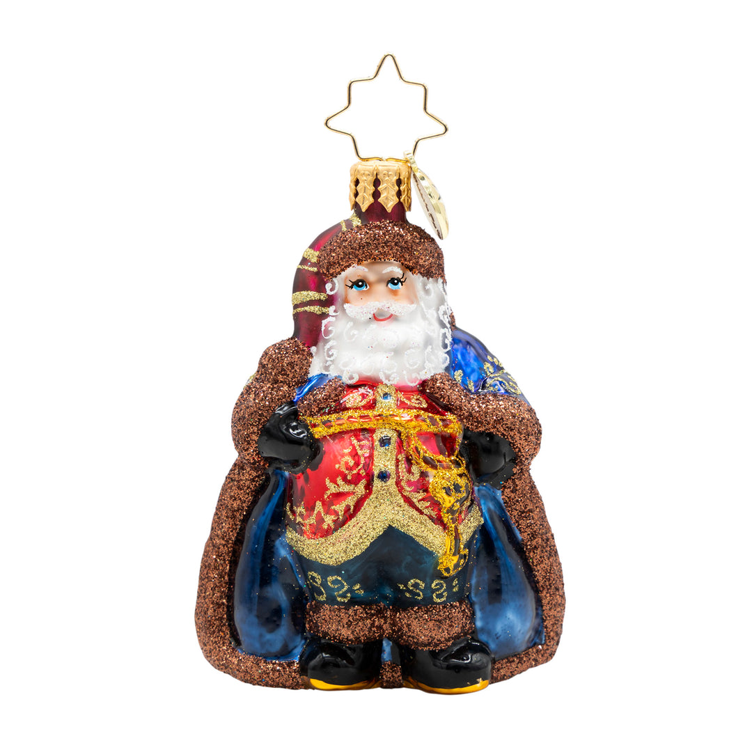 Keymaster Klaus Gem Santa ornament in navy and red with champagne glitter accents.