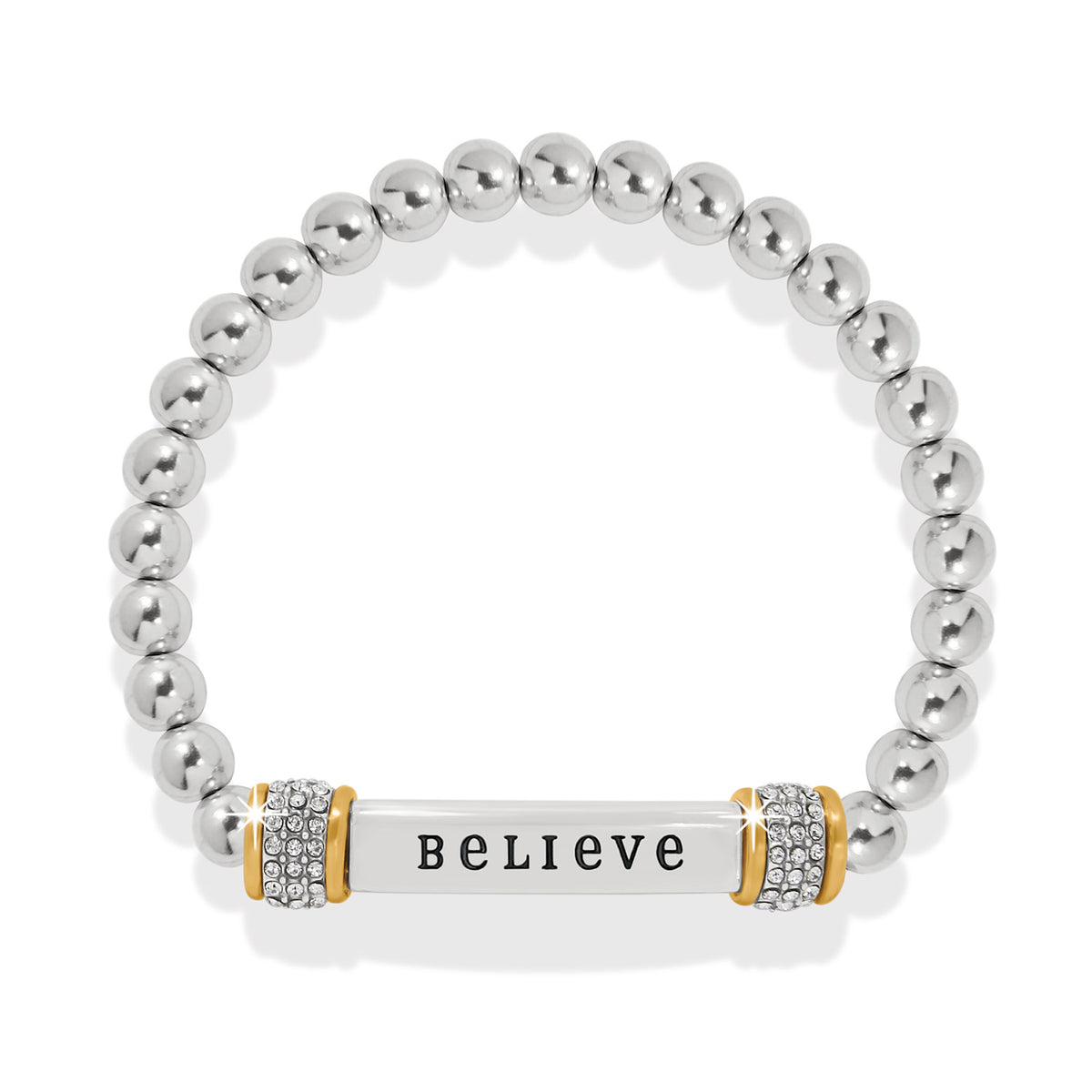 Two-tone silver and gold stretch bracelet featuring fine quality crystals with a simple band silhouette.
