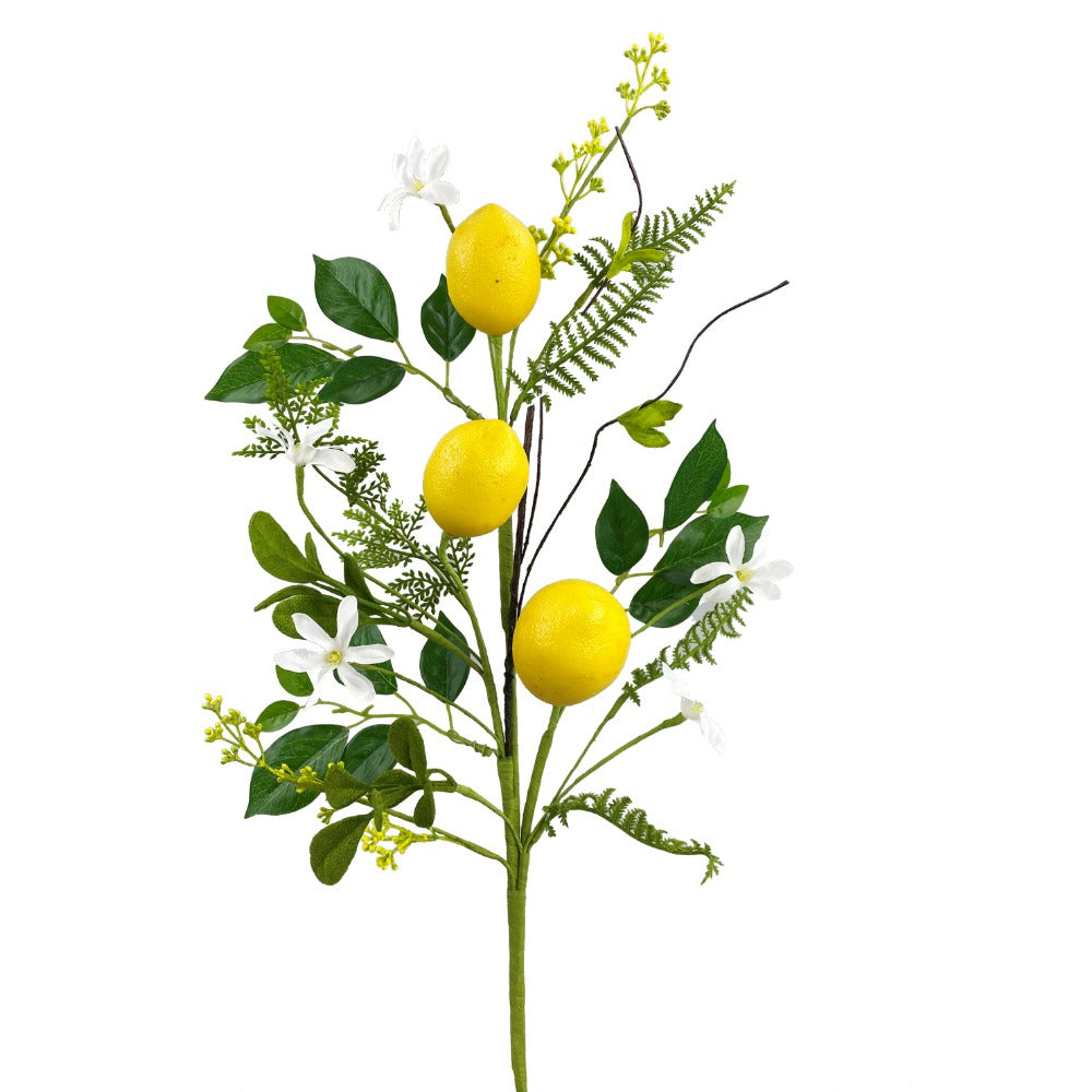 Three life-sized lemons surrounded by small white flowers, dark green leaves, mossy-green ferns.
