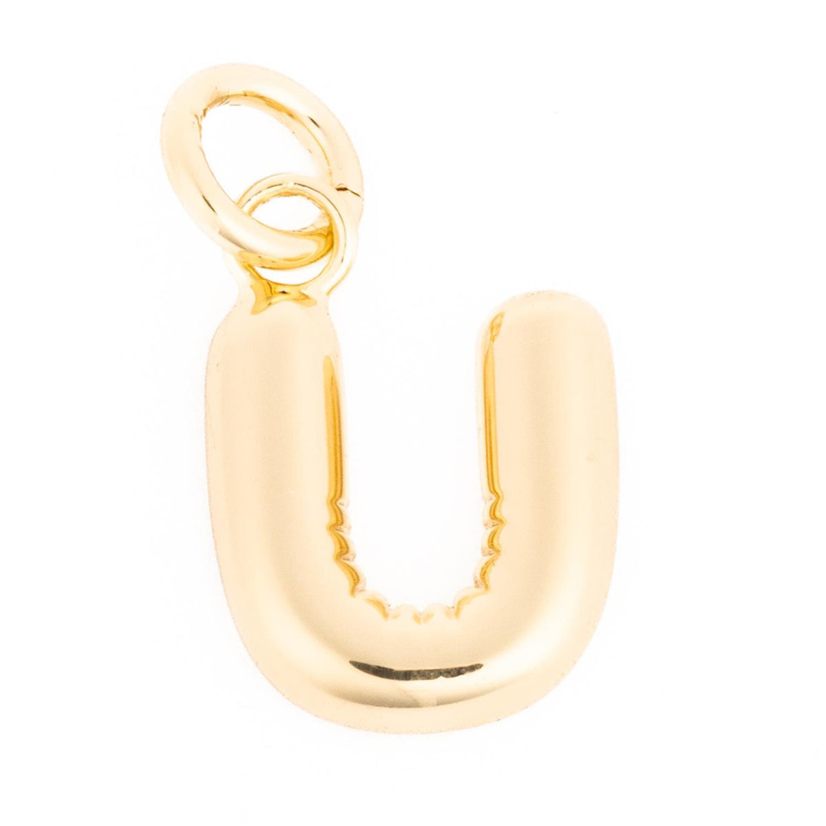 Gold balloon-style letter U charm with a polished finish and a circular bail.