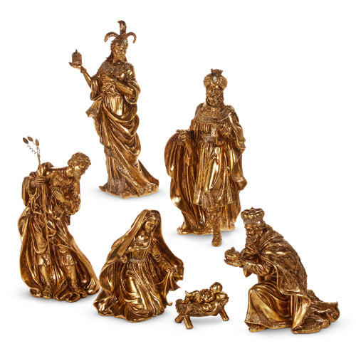 Gold resin nativity set featuring a standing figure with an arched back silhouette.