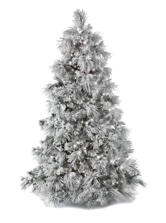9-foot flocked Bear Mountain artificial Christmas tree with 1100 clear LED lights.