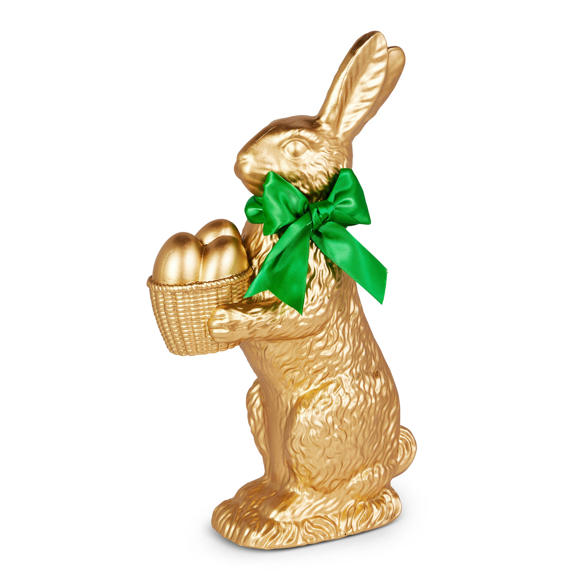 Gold stone powder bunny figurine holding an egg basket