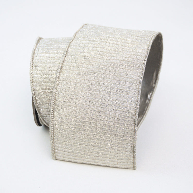 Roll of platinum pleated metallic ribbon with a shimmering textured finish.