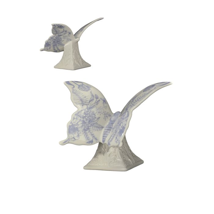 Natural dolomite ceramic butterfly figurine on a sleek pedestal base with neutral tones.