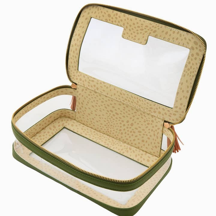 Open olive green and tan patterned mahjong tile storage bag with clear windows and gold zippers.