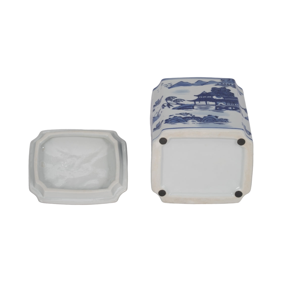 Blue and white ceramic rectangular jar with landscape scene, shown with lid removed.