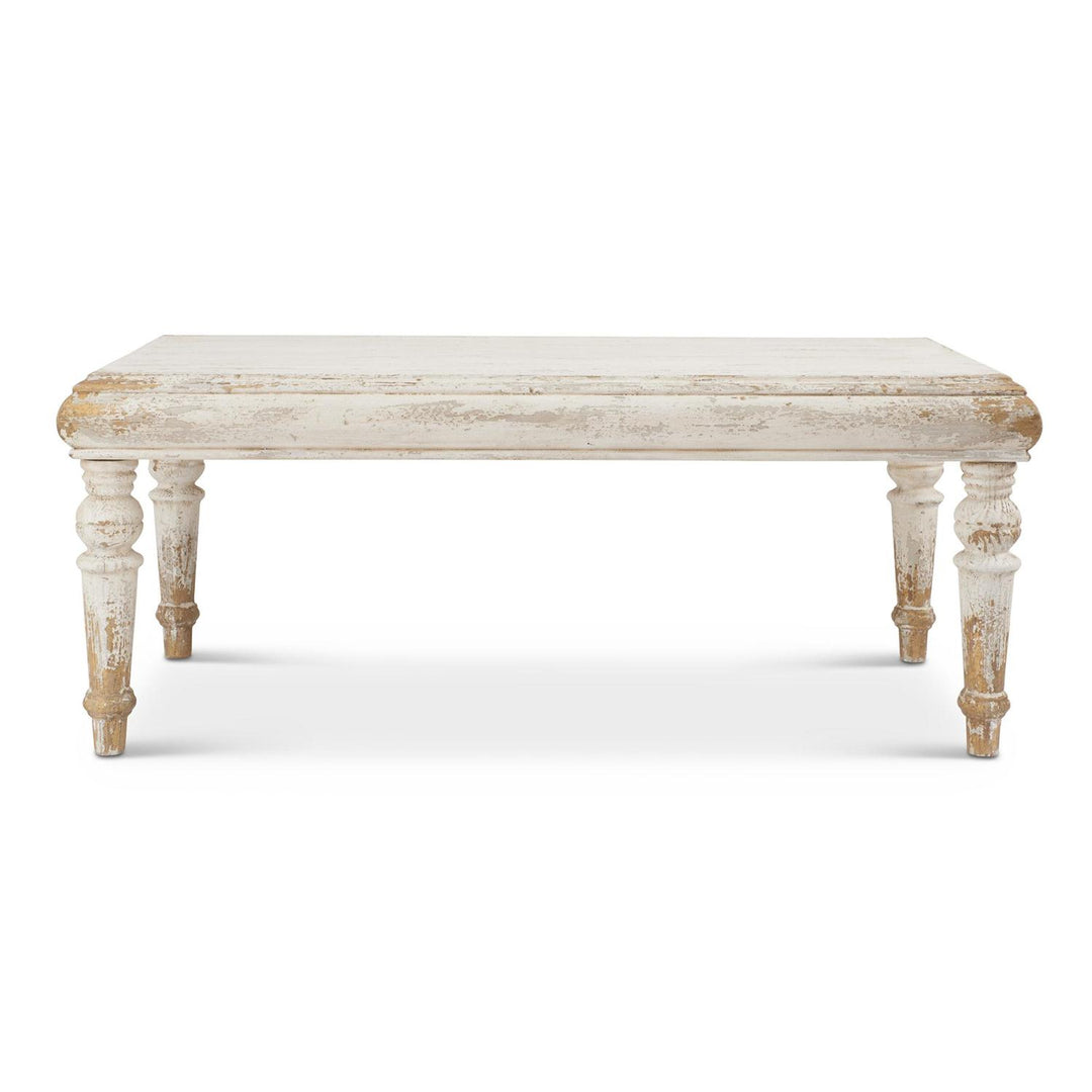 Distressed whitewashed fir wood table with gold accents