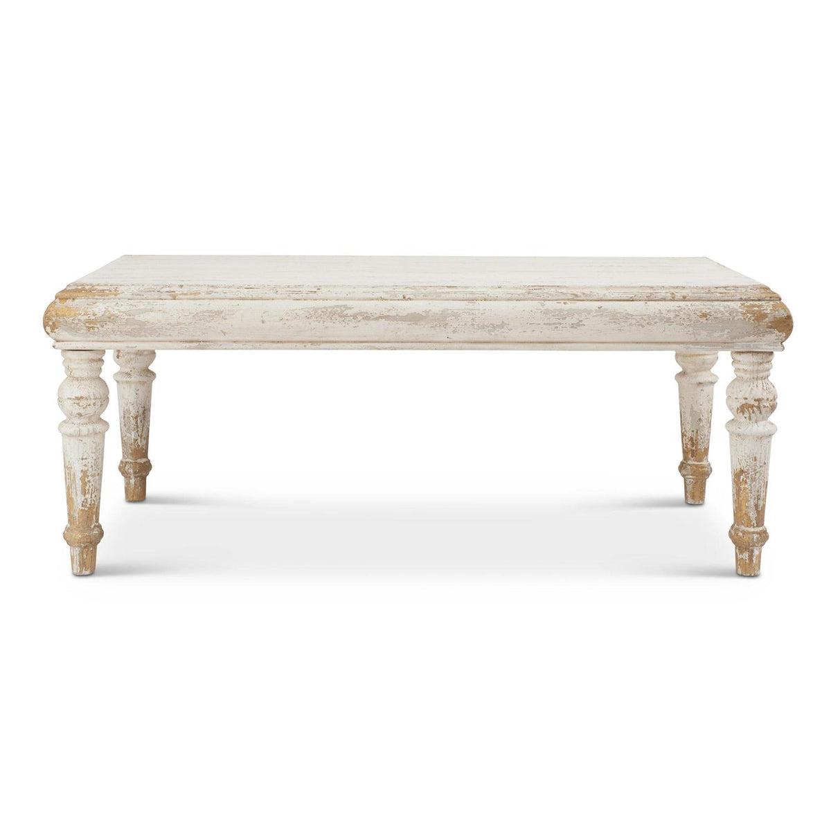 Distressed whitewashed fir wood table with gold accents