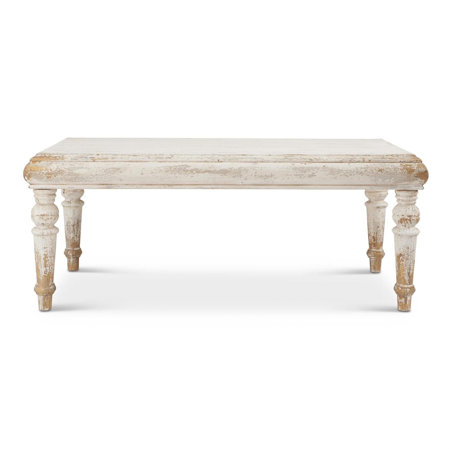 Distressed whitewashed fir wood table with gold accents