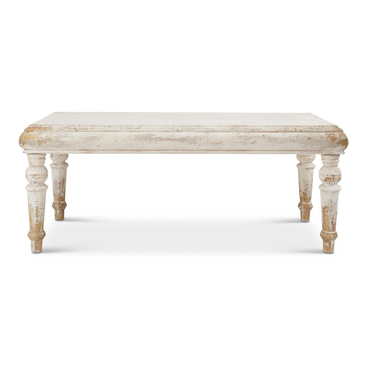 Distressed whitewashed fir wood table with gold accents