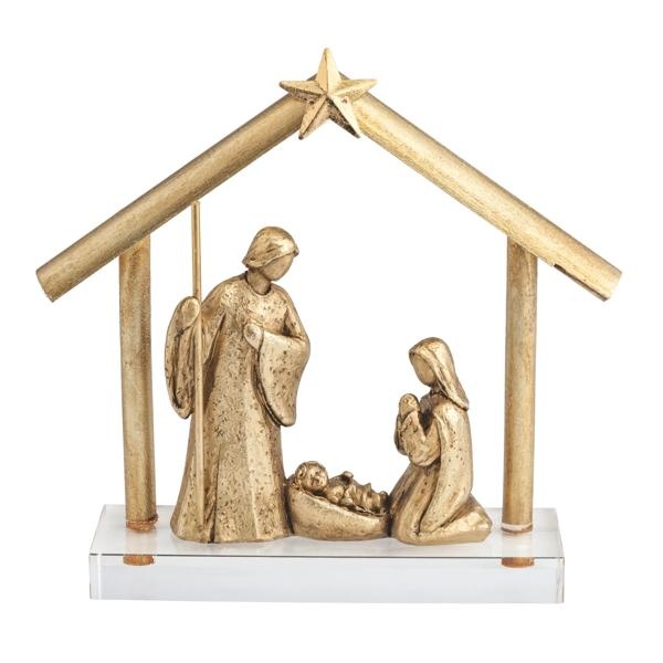 Gold resin nativity scene with Mary, Joseph, and baby Jesus on a clear acrylic base.
