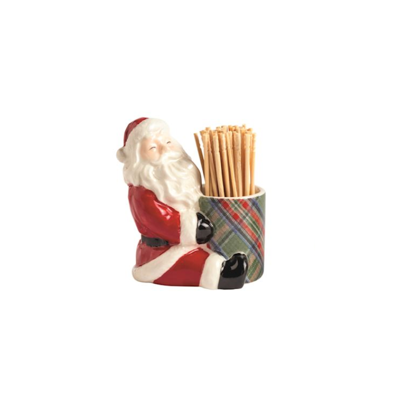 Hand-painted Santa stoneware toothpick caddy with a tartan pattern holder and 12 toothpicks.