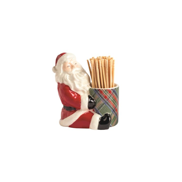 Hand-painted Santa stoneware toothpick caddy with a tartan pattern holder and 12 toothpicks.
