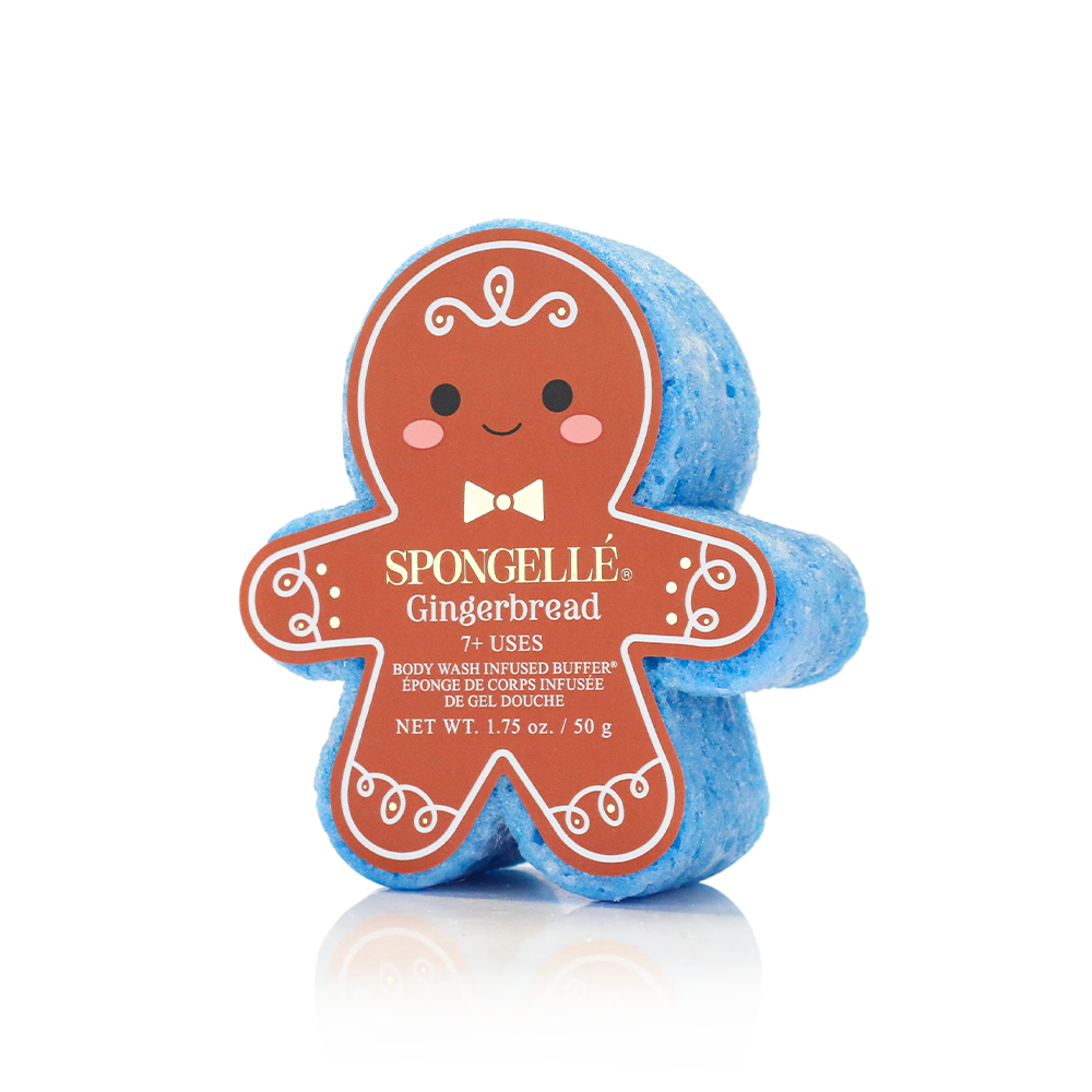 Gingerbread body wash in a festive red bottle with white cap