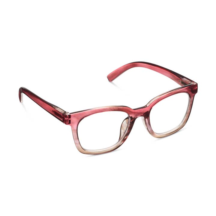 To The Max blue light glasses with a square, translucent burgundy and tan gradient frame.
