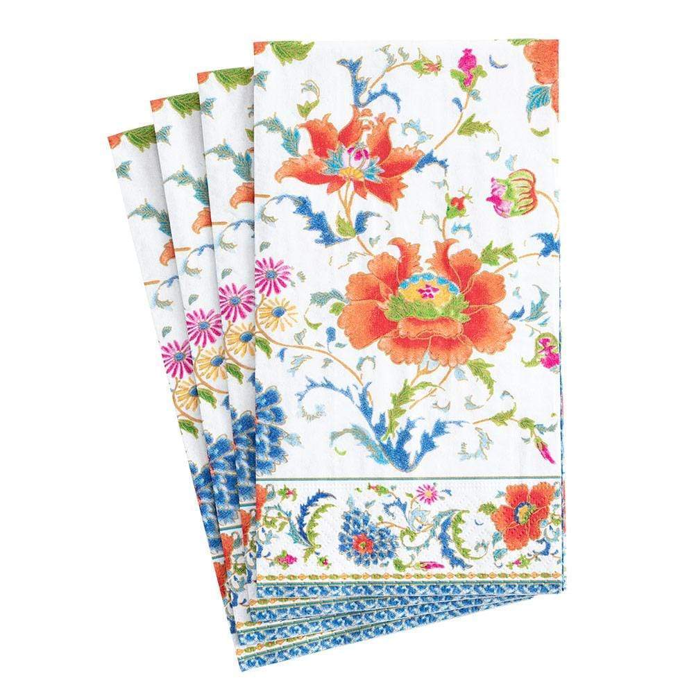 Triple-ply paper guest towel with water-soluble printed pattern in neutral tones.