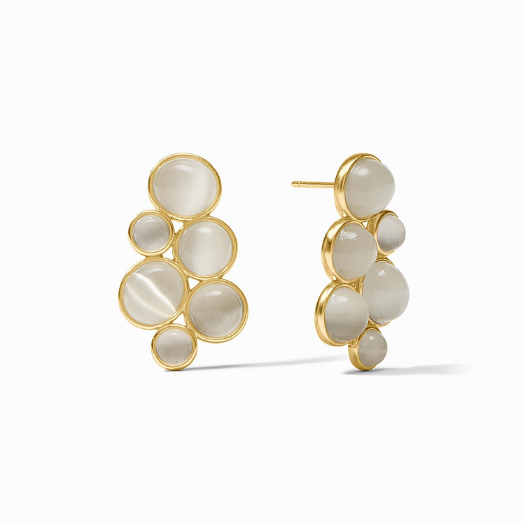 Cobblestone Statement Earrings in 24K gold plate with iridescent grey glass cabochons.