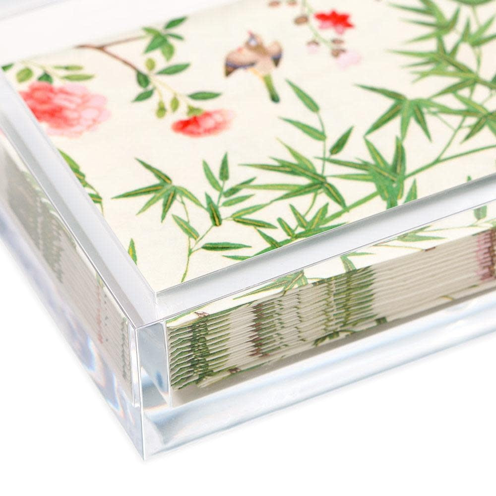 Clear acrylic guest towel holder with a rectangular open-top design.