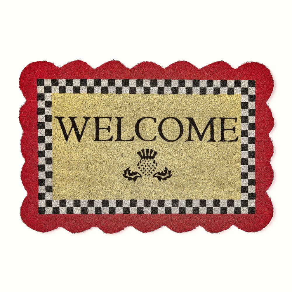 Scalloped welcome entrance mat with coir and PVC material in natural brown tones.