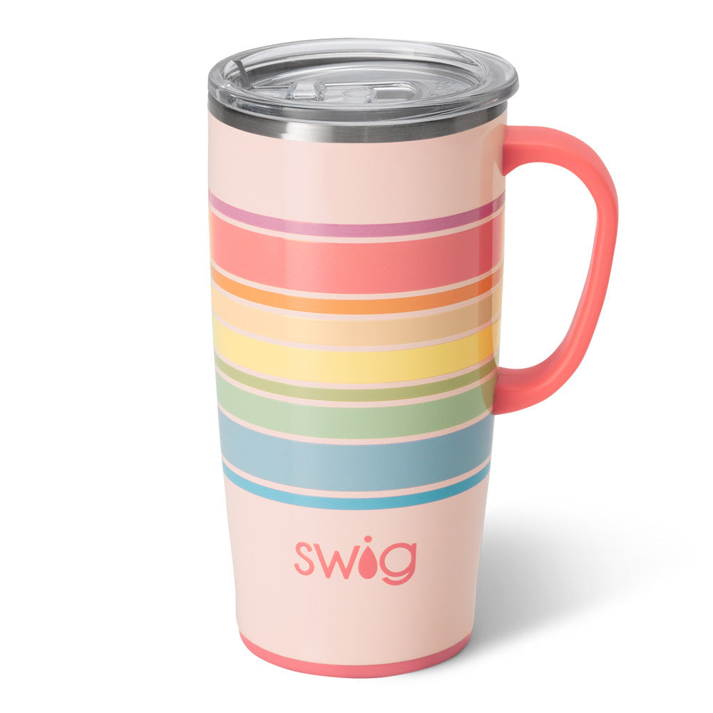 Silver stainless steel travel mug with black silicone base and lid slider