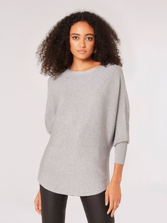 Evelyn Lurex ribbed batwing top in black with long sleeves and a relaxed silhouette.