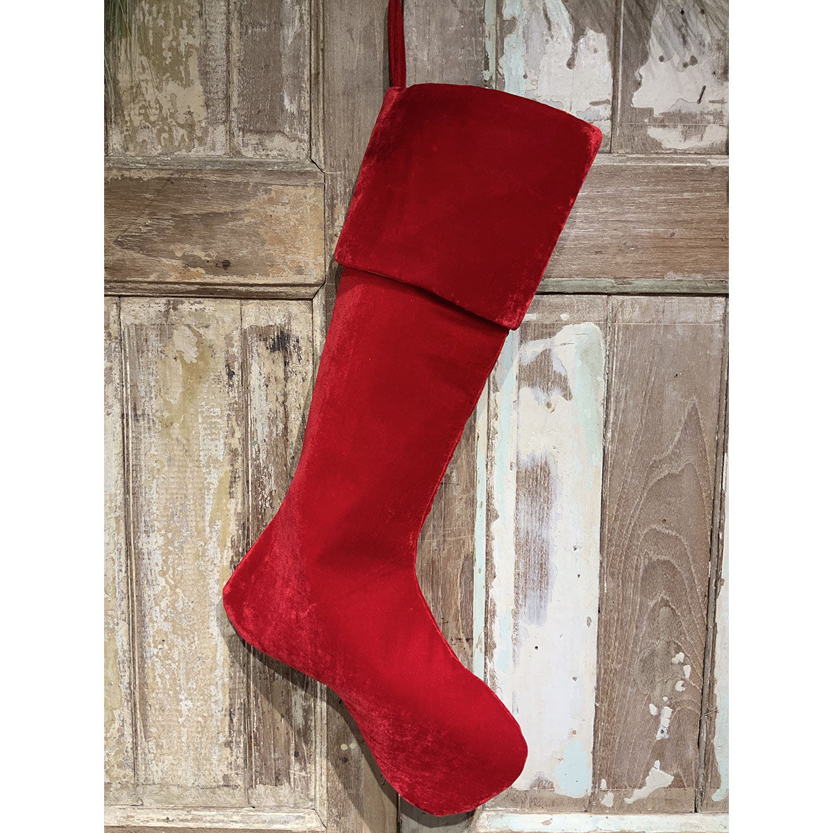 Vintage French velvet stocking in deep red with gold trim