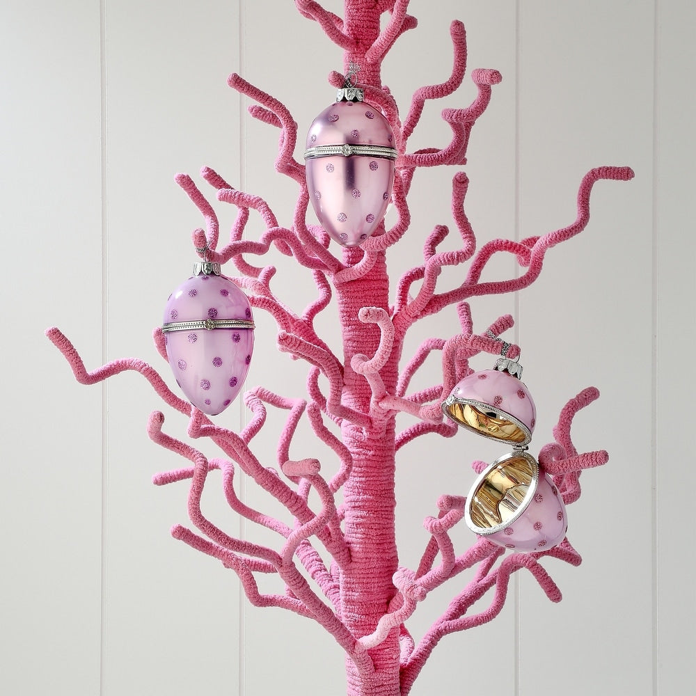 4-inch glass egg ornament with polka dot pattern in vibrant colors on a glossy finish.