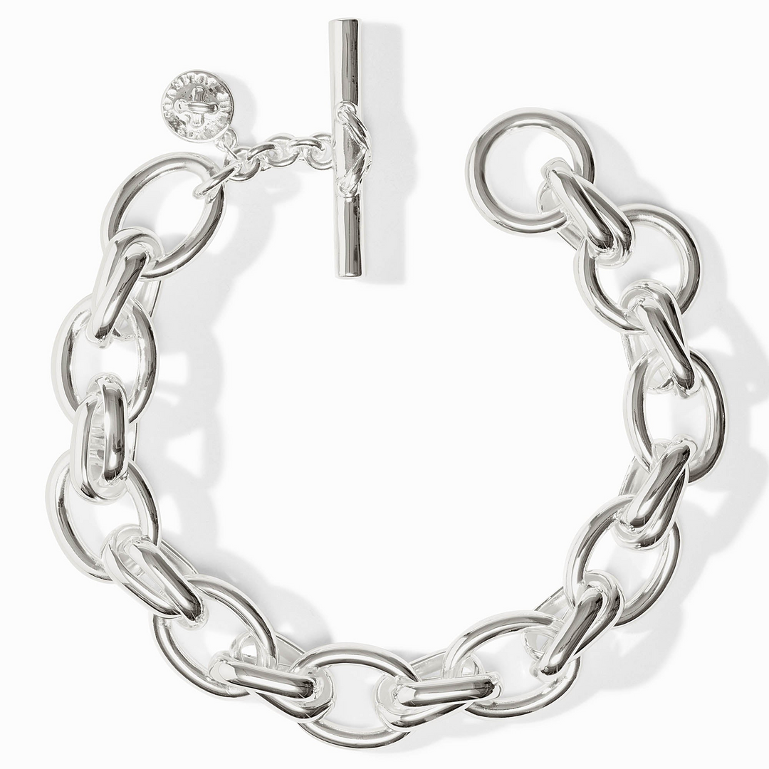 Silver Essex Link Bracelet with a toggle clasp and a small round charm.