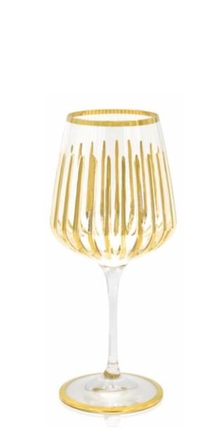 Timeless wine glass with vertical 24kt gold stripes, a gold rim, and a gold-edged base.