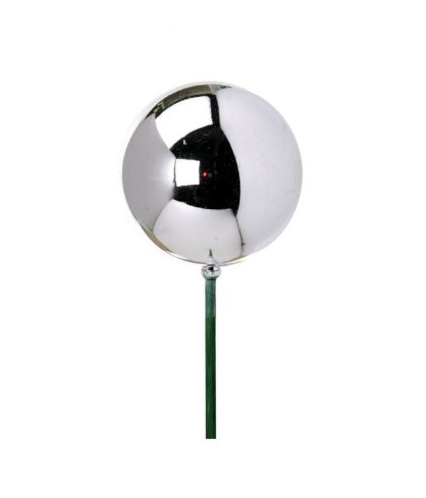 Shiny silver ball ornament stake with a polished metallic finish on an 17-inch garden post.