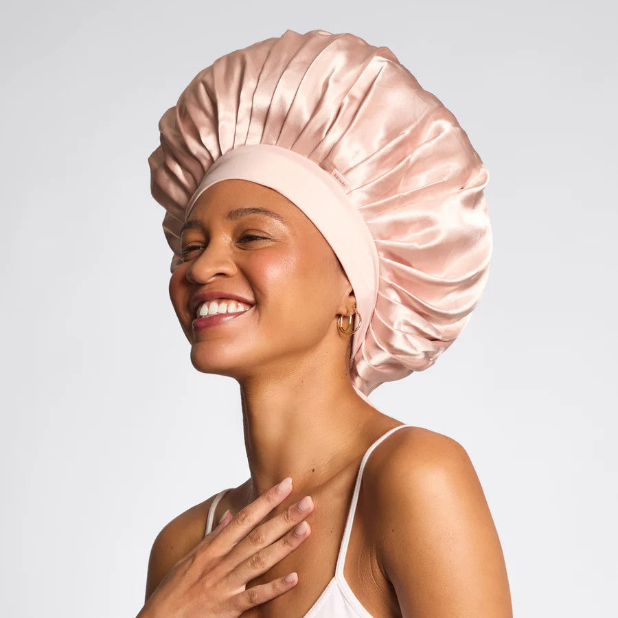 Blush satin adjustable bonnet with extra-long ties