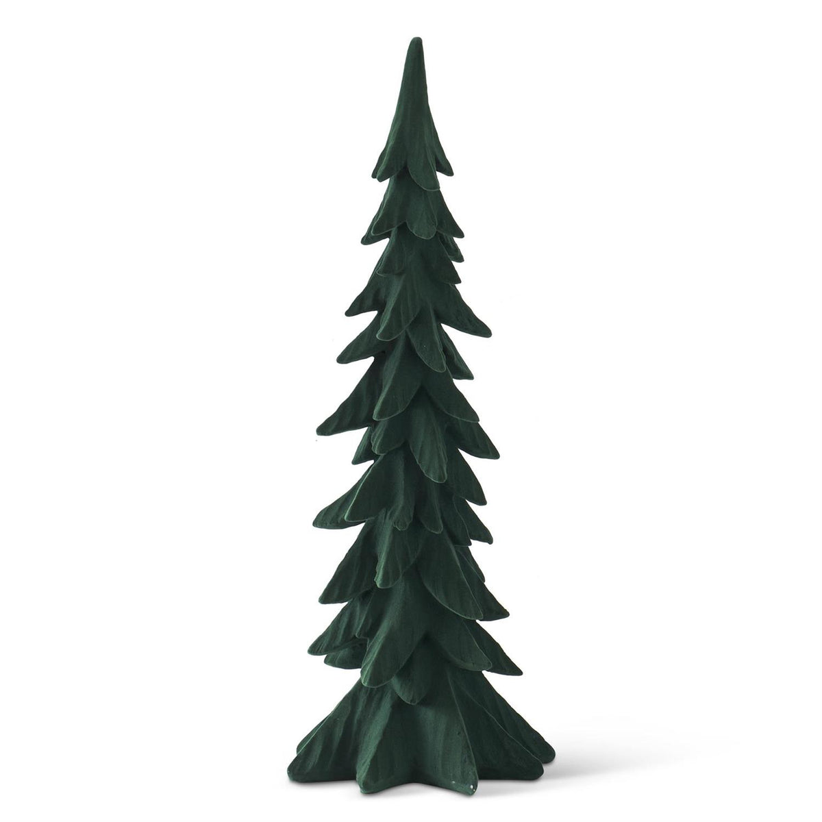 24.75 inch tall dark green velvet Christmas tree figurine with a tiered, textured branch design.