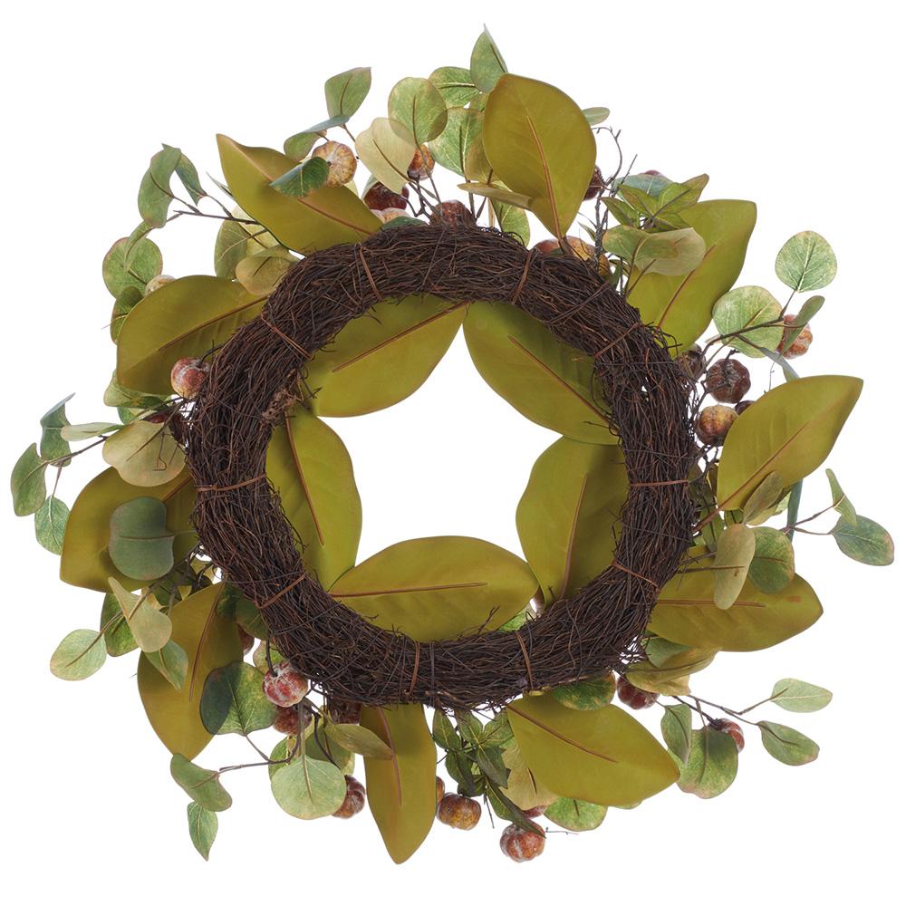 24-inch wreath with green magnolia leaves, eucalyptus, and small beige pumpkins on a rattan base.