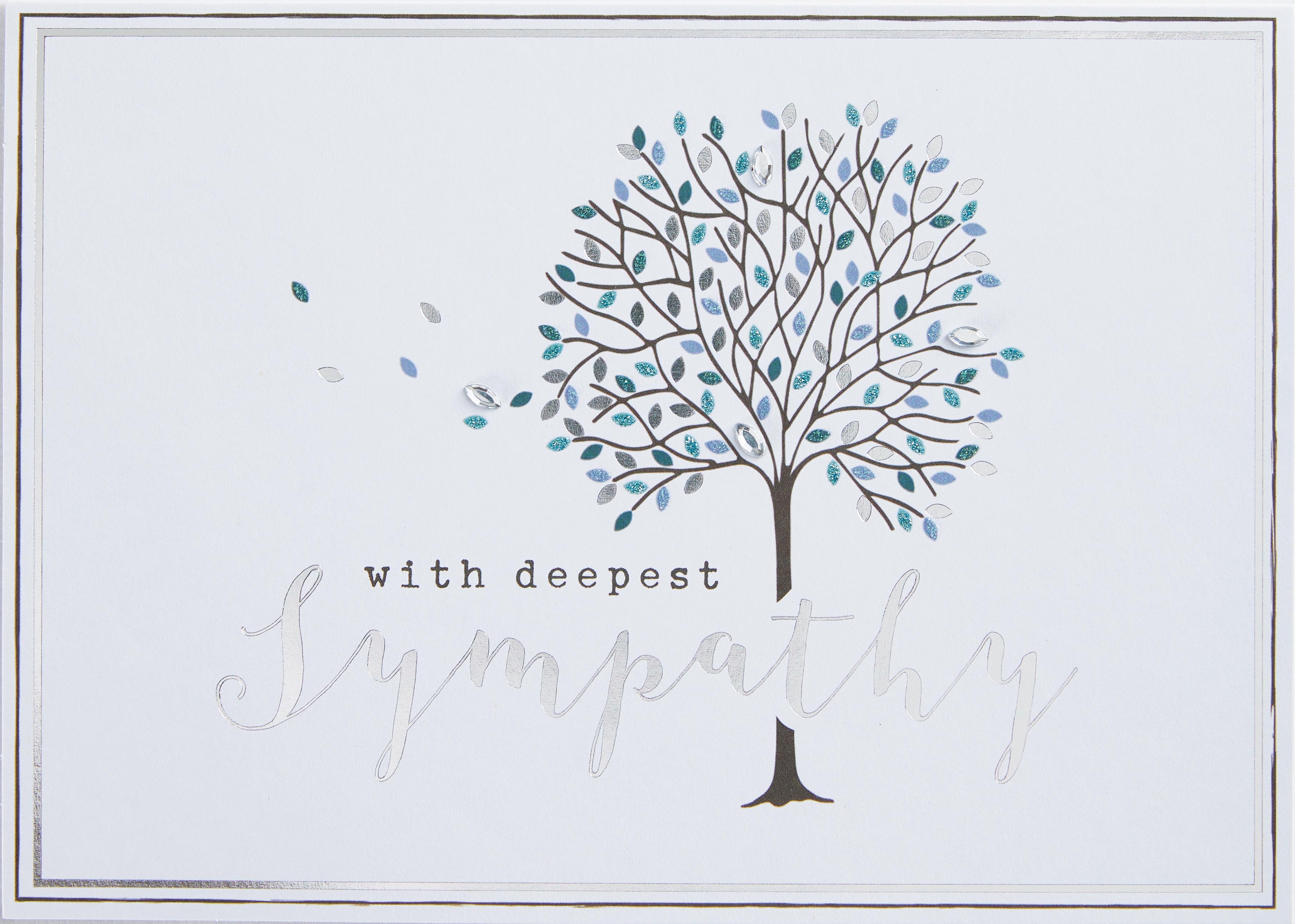 White sympathy tree greeting card featuring a black ink illustration of an oak branch with leaves and acorns.