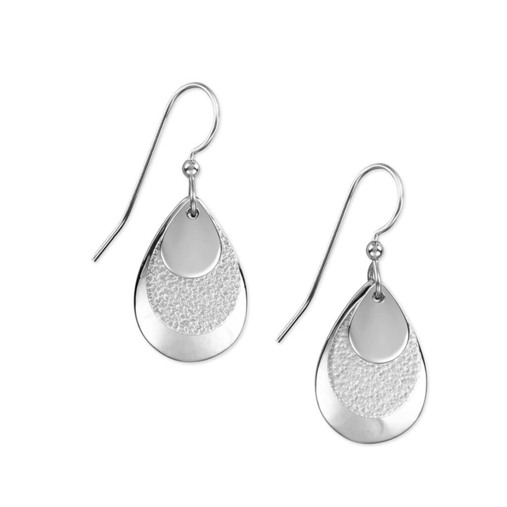 Tear Trifector Earrings featuring three layered silver-tone teardrops with varied textures.