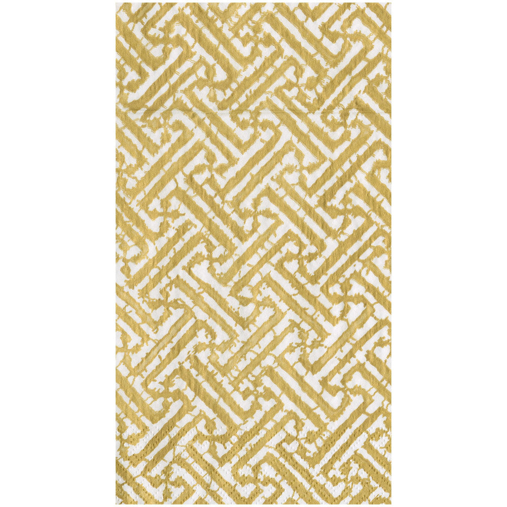 Fretwork Gold Guest Towel featuring an intricate gold geometric fretwork pattern on a white base.