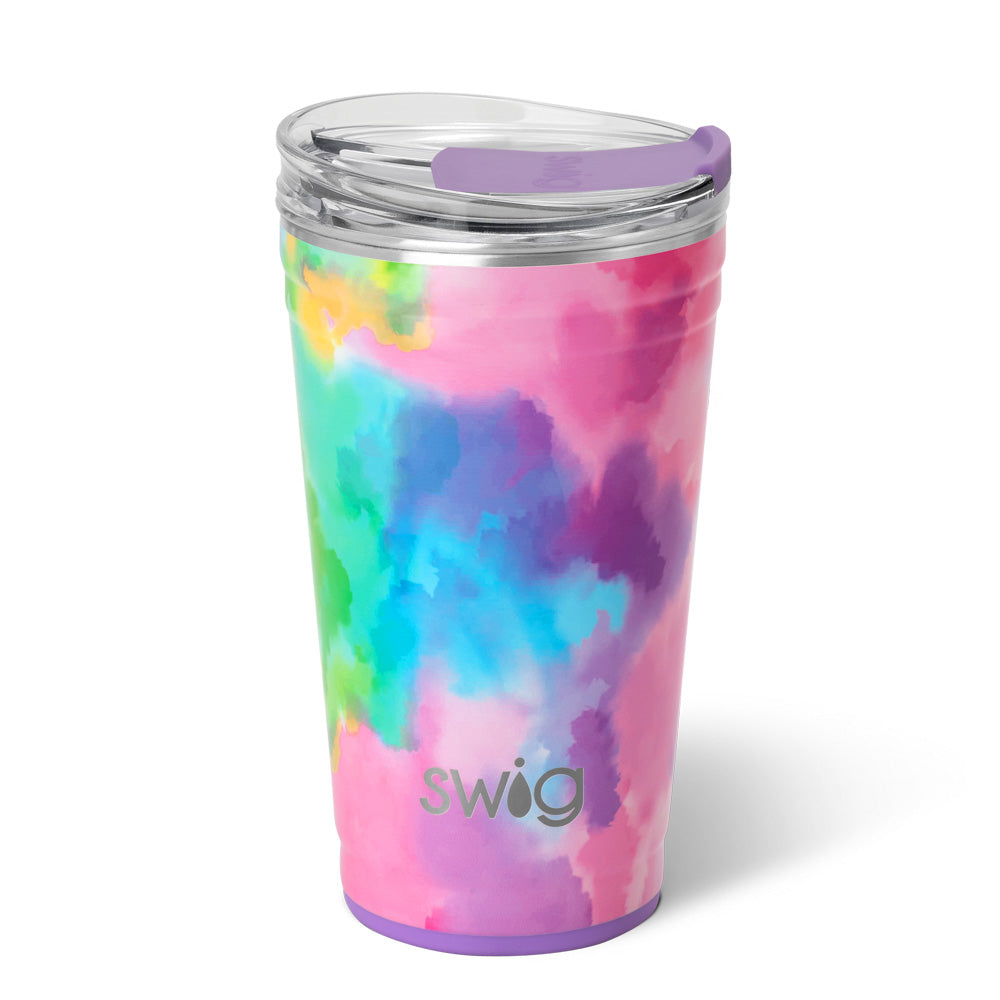 24oz insulated stainless steel party cup with a colorful watercolor pattern and purple base.