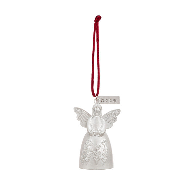 Mini Bell Angel Ornament in metal with an iron finish, featuring a bell silhouette and hanging cord.