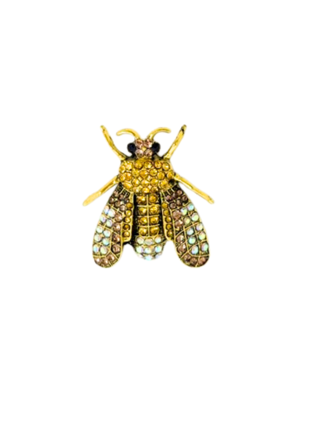 Gold insect brooch featuring a bee design encrusted with yellow, brown, and iridescent crystals.